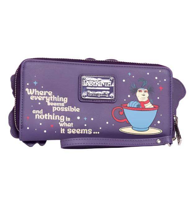 Purple wristlet wallet with Ello the worm and text on a white background