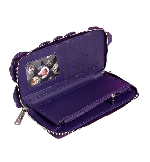Purple wallet with a card holder on a white surface with a white background