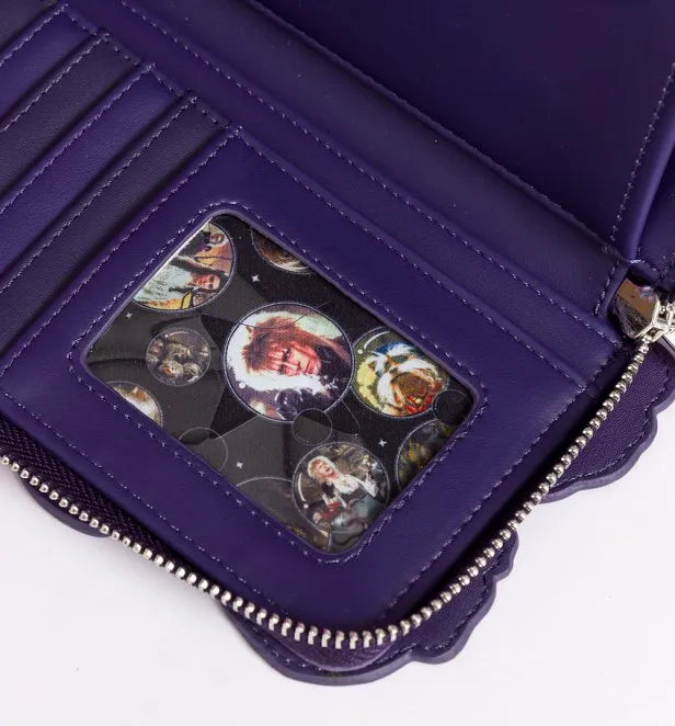 Purple wallet with a clear window displaying David Bowie and other actors and characters inside