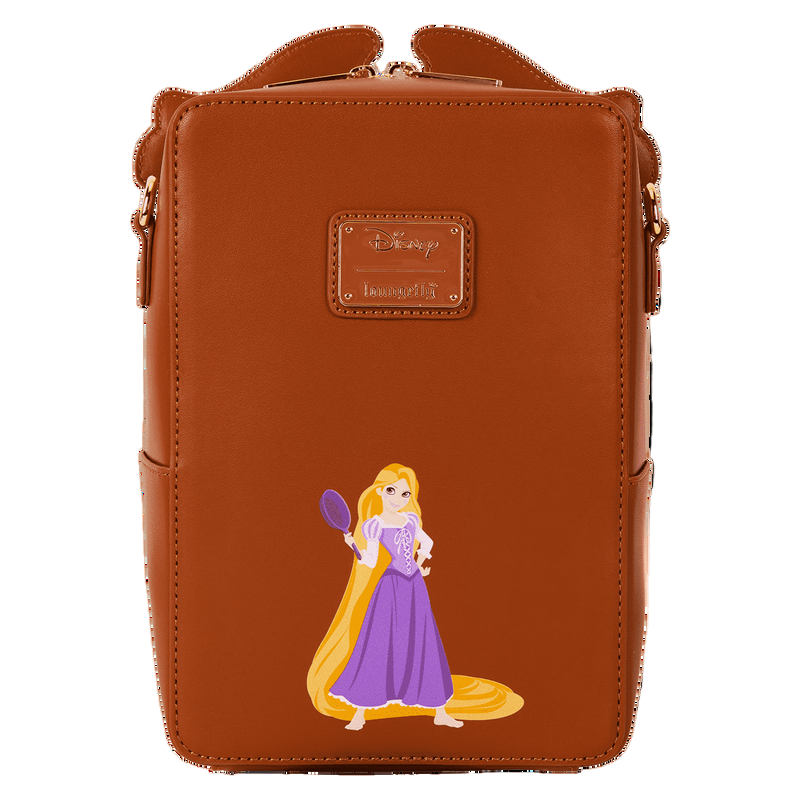 Back view of Tangled Rapunzel The Snuggly Duckling Crossbody Bag on a white background