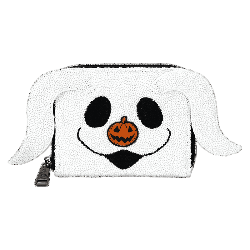 White sequin wallet with a Zero's face featuring a pumpkin nose on a white background