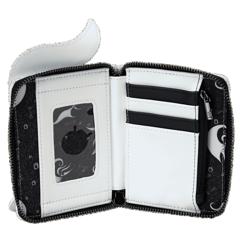 White wallet with black accents and a Zero-themed pattern on a white background