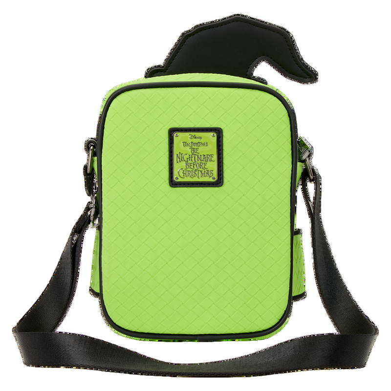 Green bag with black strap and 'Nightmare Before Christmas' logo on a white background
