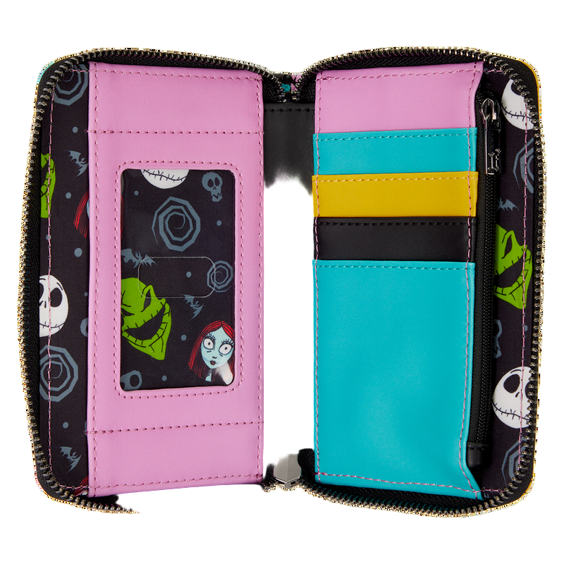 Open wallet with colorful interior and The NIghtmare Before Christmas character designs on a white background