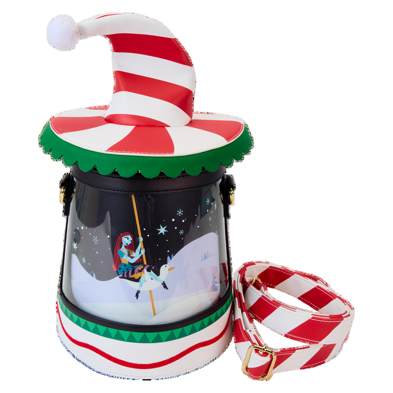 Front NBC Christmas Town Carousel crossbody bag featuring Sally on a carousel on a white background
