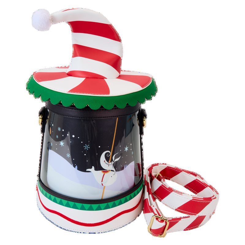 Front NBC Christmas Town Carousel crossbody bag featuring Zero on a carousel on a white background