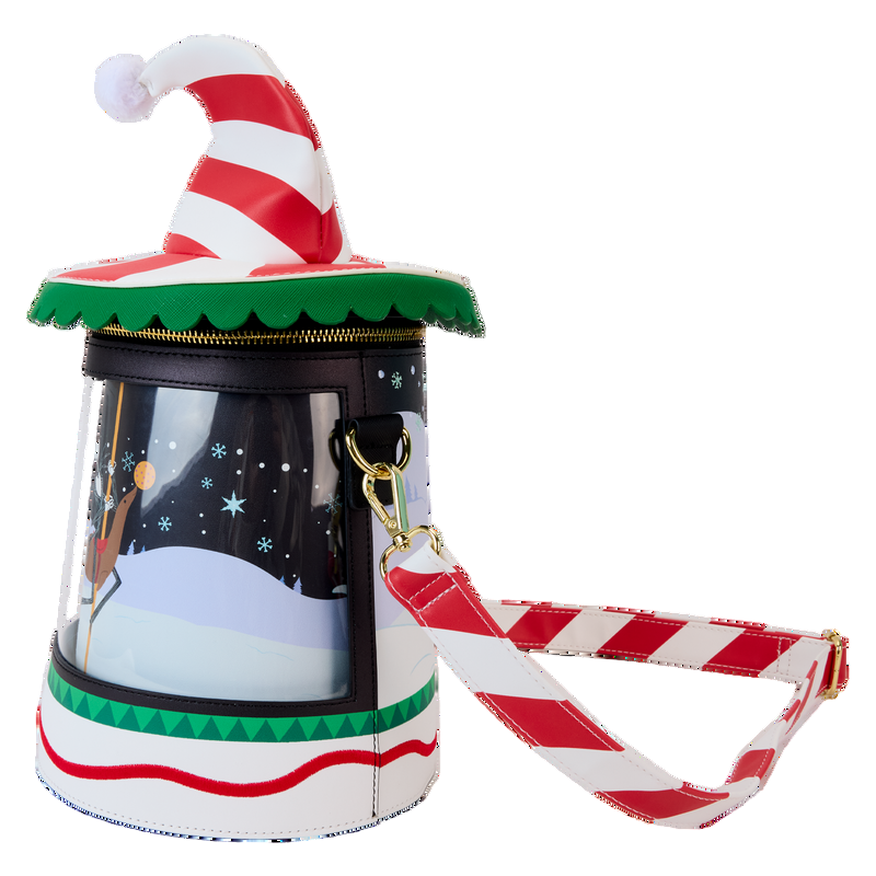 Side NBC Christmas Town Carousel crossbody bag featuring Jack on a carousel on a white background with candy cane design on a white background
