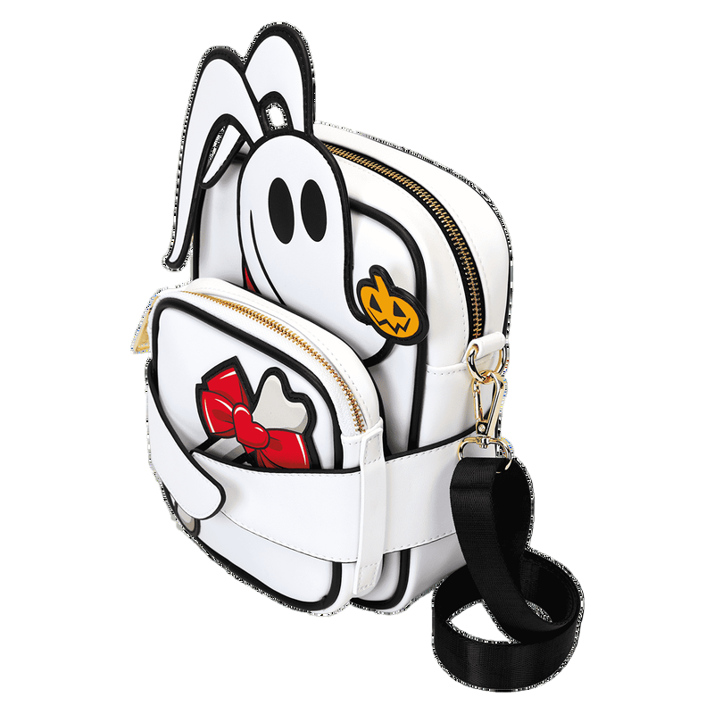 Zero ghost dog-themed crossbody bag with black strap on a white background