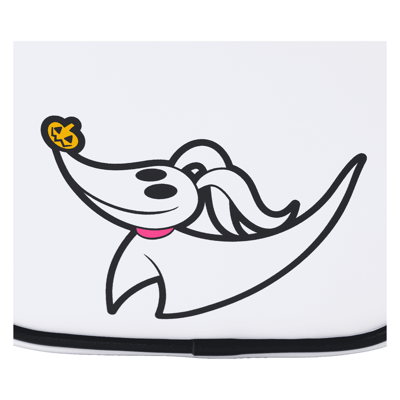 Zero ghost dog from The Nightmare Before Christmas with a jack-o'-lantern on a white background