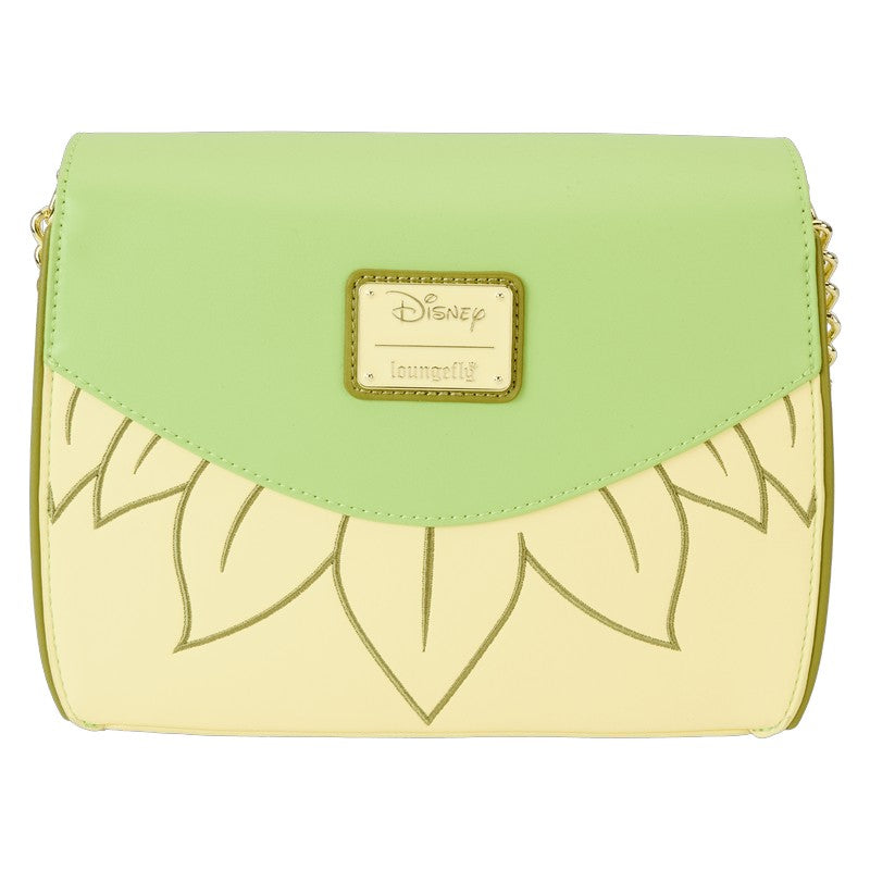 Green and yellow handbag with Disney logo on a white background