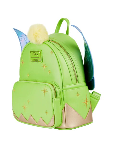 Green backpack with fairy wings and a pom-pom on a white background