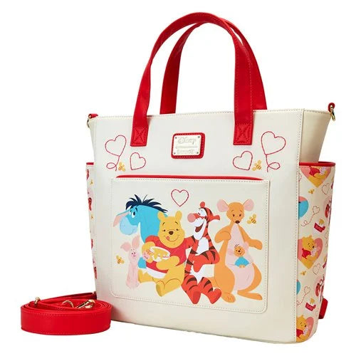 Tote bag with Winnie the Pooh characters and red handles on a white background