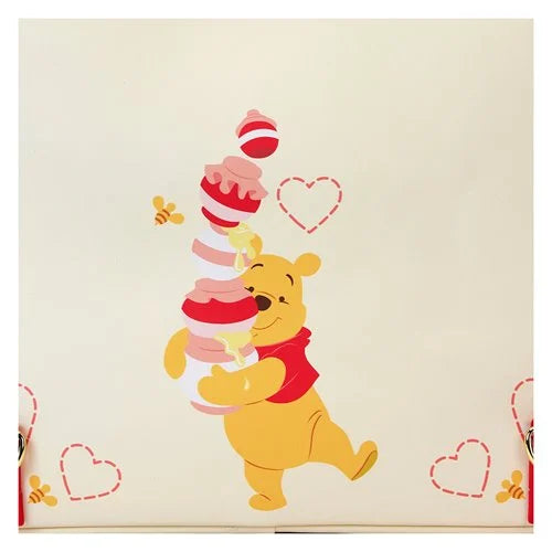 Illustration of Winnie the Pooh holding a stack of ice cream cones with hearts and bees on a beige background