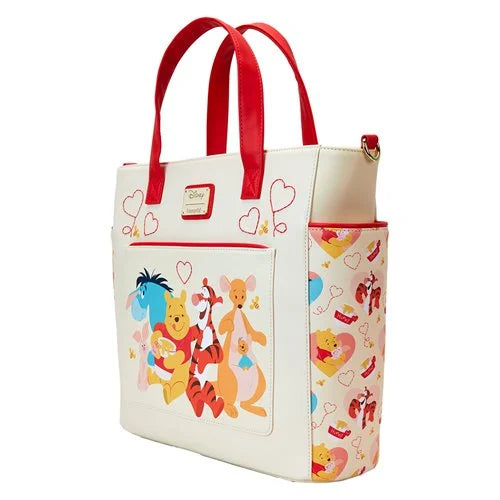 Tote bag with Winnie the Pooh characters and red handles on a white background