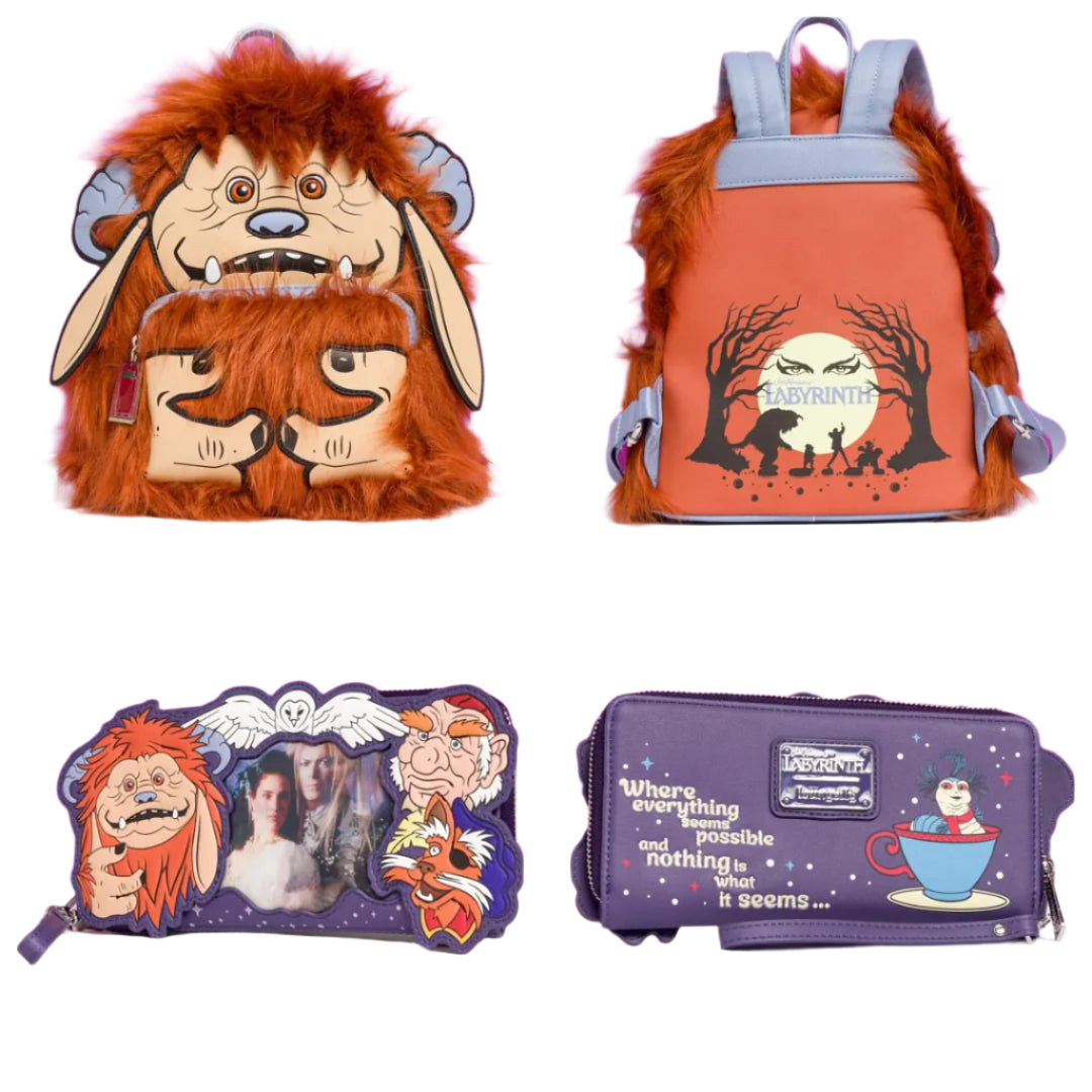 Four product images including a backpack and wallet with the movie Labyrinth-themed designs on a white background.