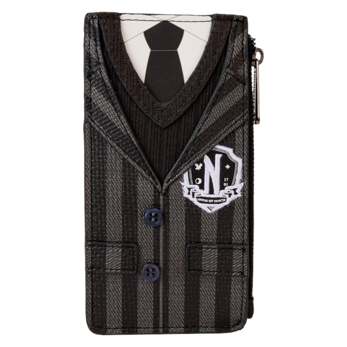 Large cardholder wallet designed like Wednesday Addams' school uniform jacket with a tie on a white background