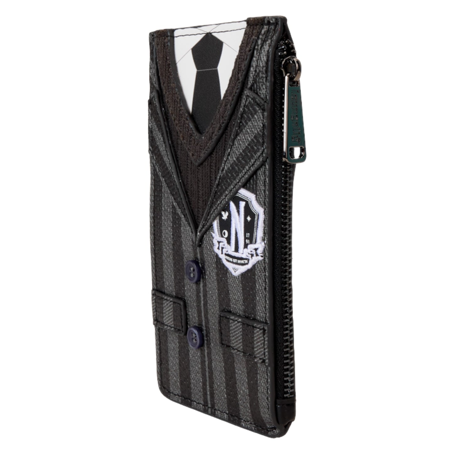 Large cardholder wallet designed like a suit jacket with a Nevermore Academy on a white background