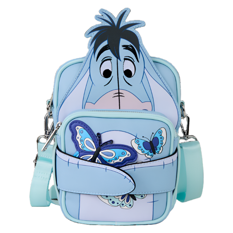 Front of the Crossbody Bag of Eeyore with butterfly design on a white background