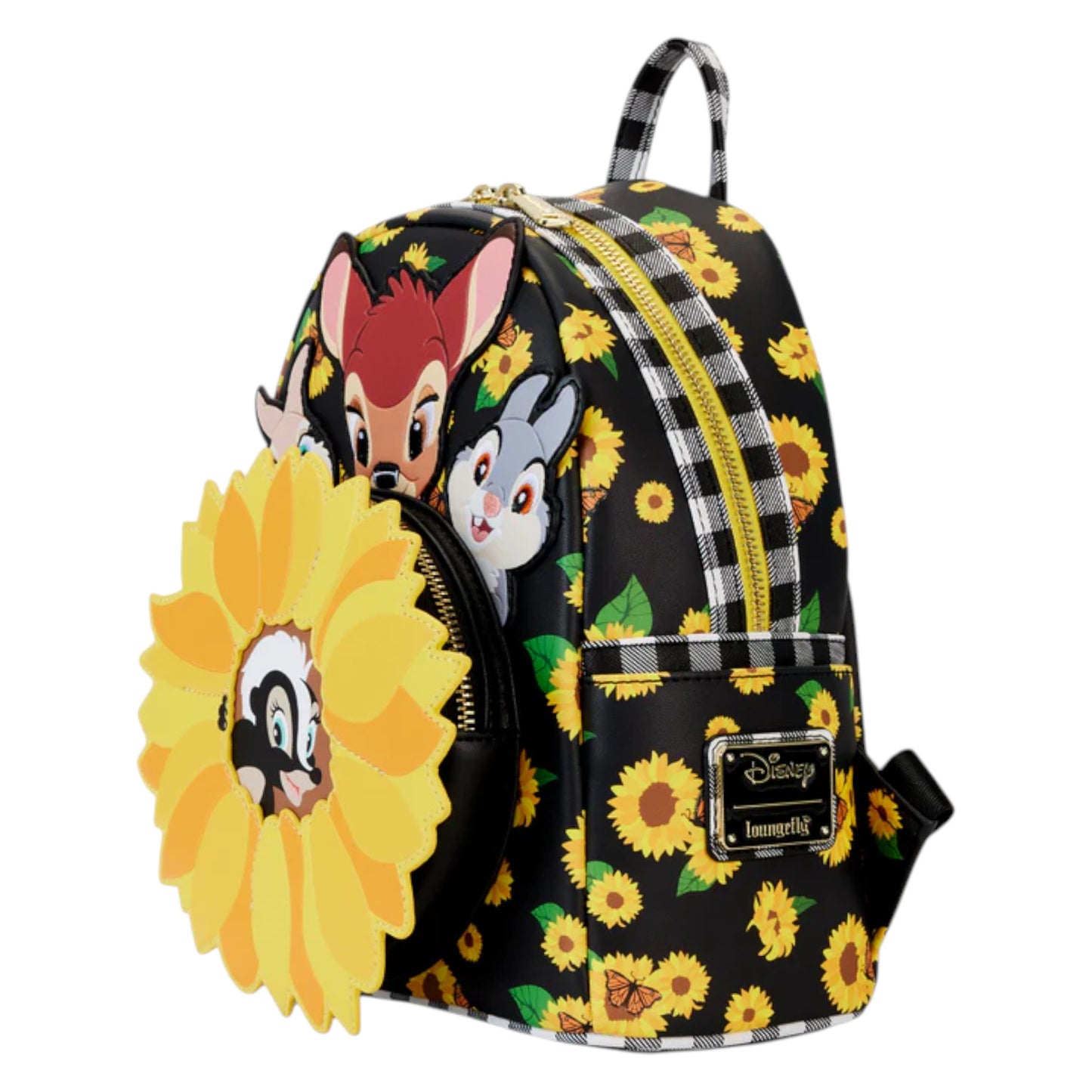 Side Bambi Sunflower Friends Mini Backpack with bambi and friends characters and sunflower design on a white background