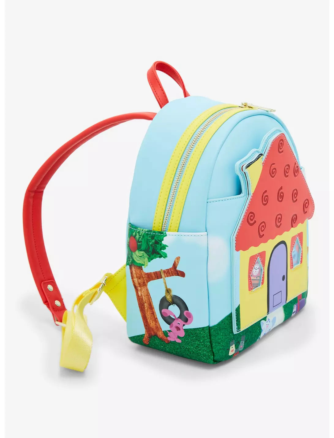 Side view of Blue's Clues House backpack with house design on a white background