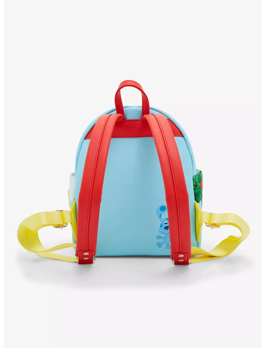 Back view of Blue's Clues House backpack with red straps and a picture of Blue on a white background