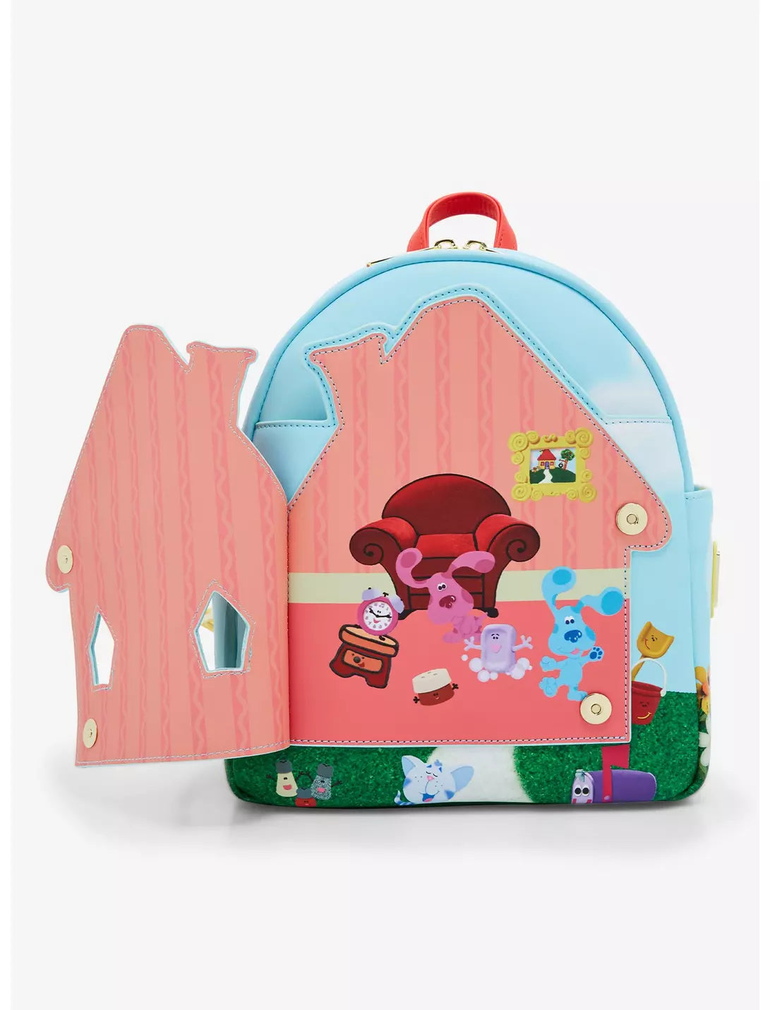 Front view of Blue's Clues House backpack with front door of the the house open with a picture of Blue and Pink on a white background