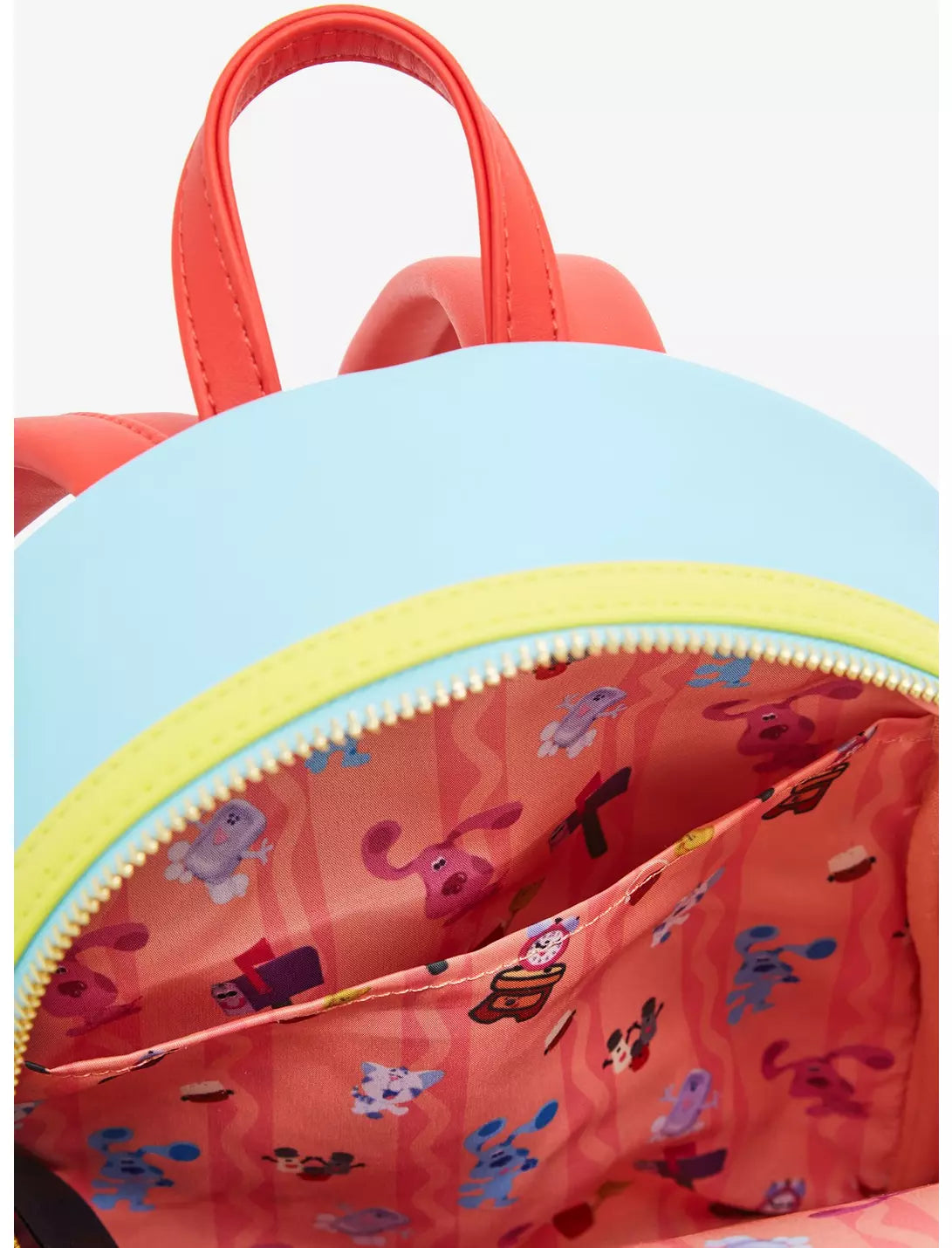 An inside view of Blue's Clues House backpack with Blue and Pink pattern on a white background
