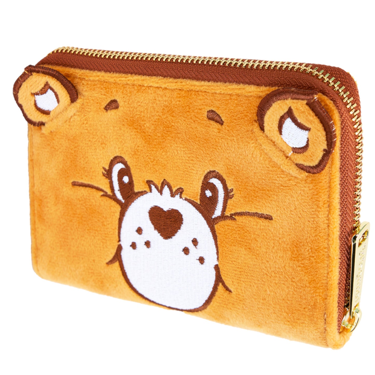 Brown wallet with bear face design on a white background