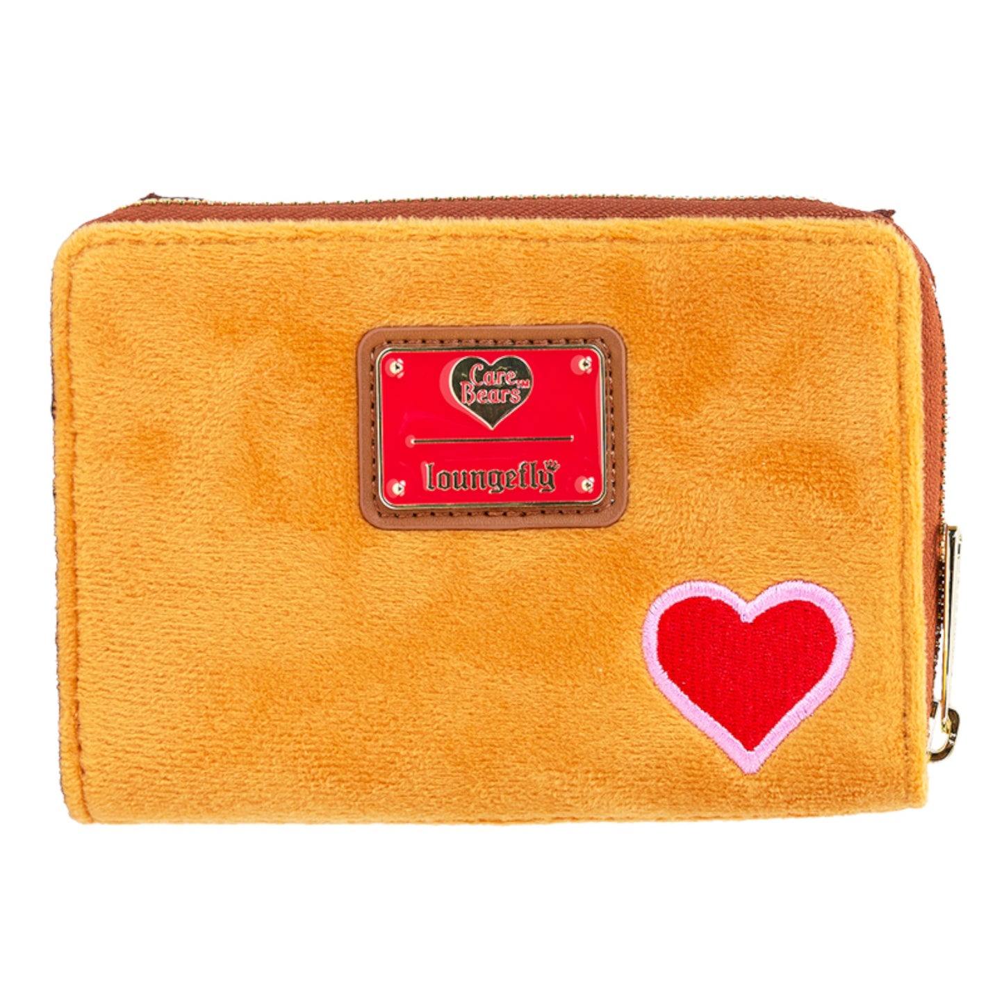 Brown wallet with a red heart design and a visible brand logo on a white background