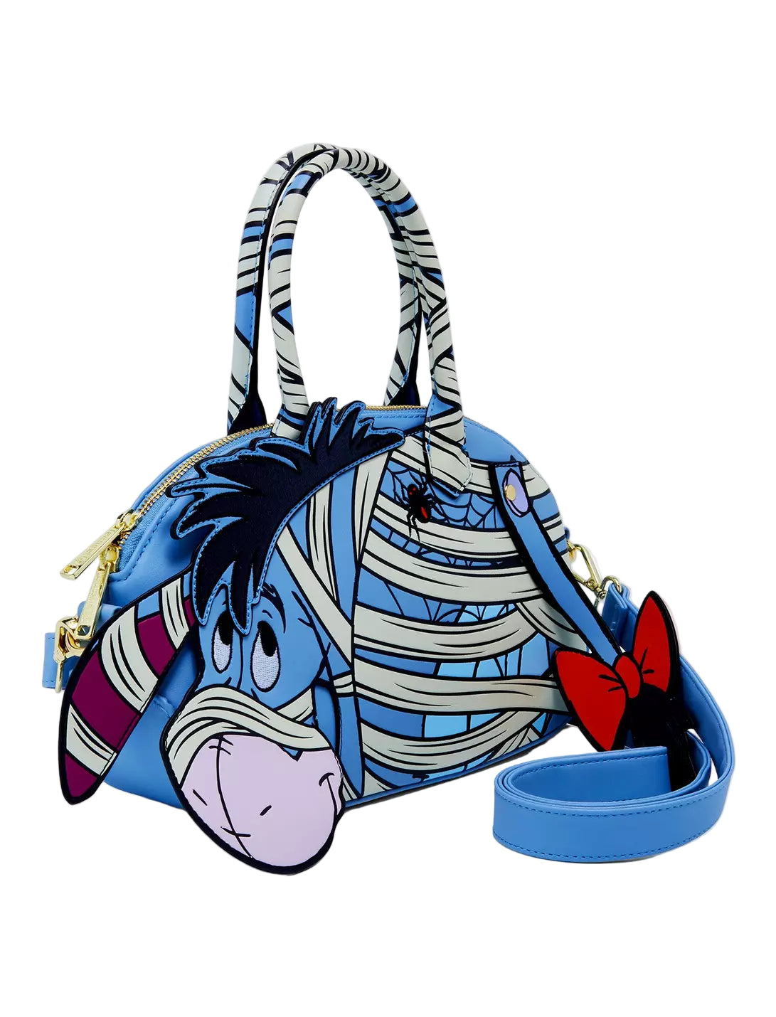 Front and side Mummy Eeyore crossbody bag with a strap on a white background