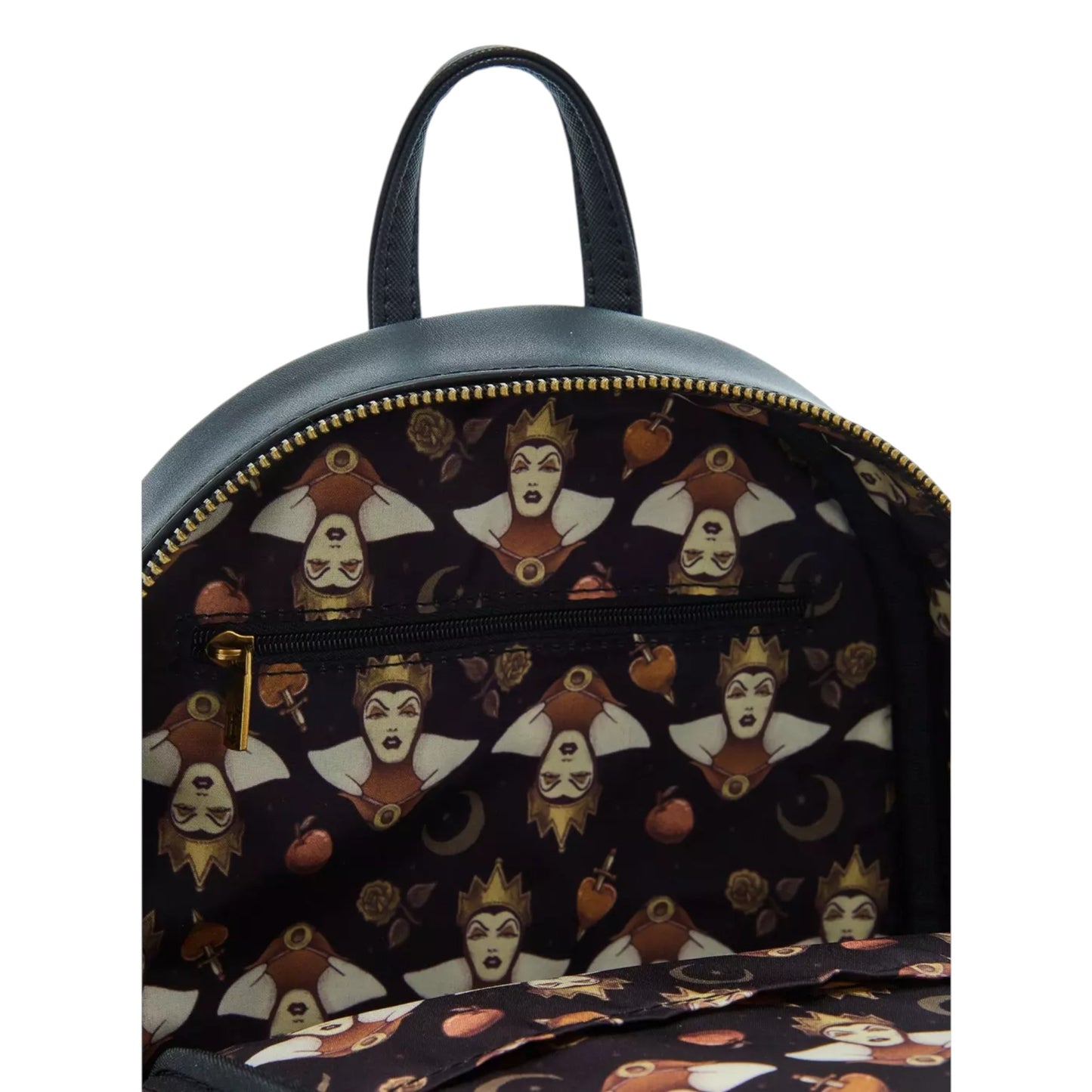 Backpack with a pattern of a evil queen character on a white background