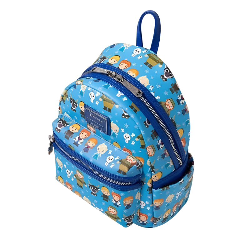 Top and side view of the mini backpack with various Frozen character pattern on a white background
