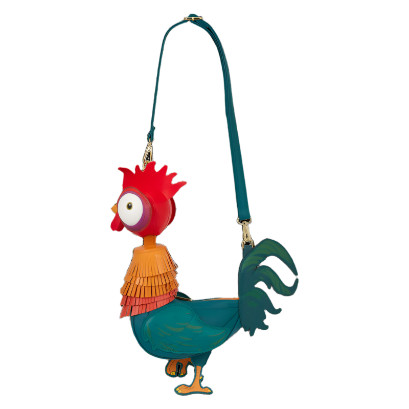 Colorful rooster-shaped, Hei Hei from Moana, crossbody bag with a strap on a white background