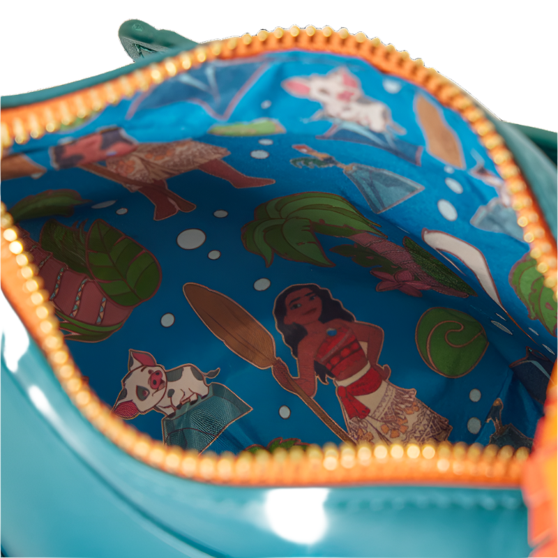 Close-up of inside of Hei Hei crossbody with Moana and Pua pattern, featuring orange zipper.