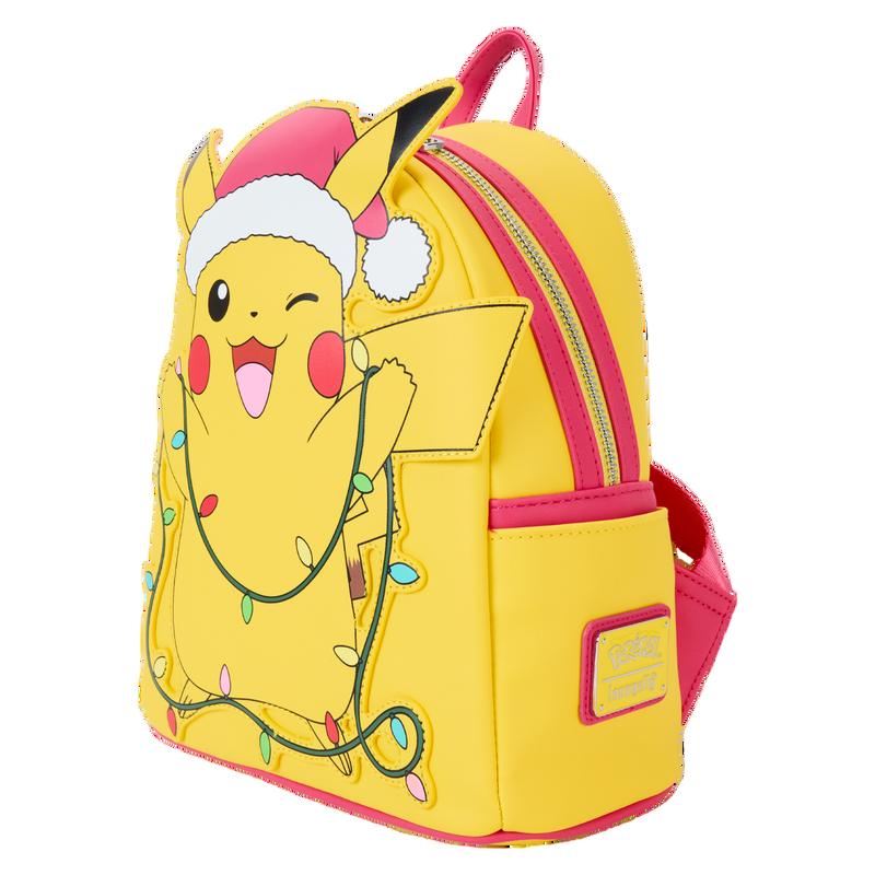 Side Pokémon Santa Pikachu backpack with Pikachu design wearing a Santa hat and Christmas lights on a white background
