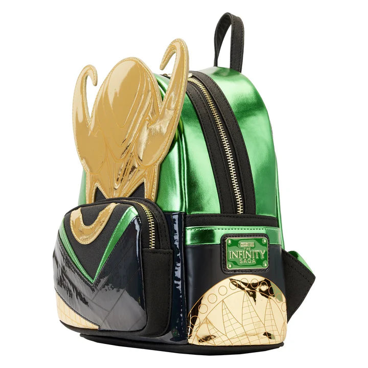 Green and gold backpack with Loki design on a white background