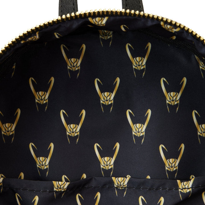 Interior of bag is black with a Loki pattern on a white background
