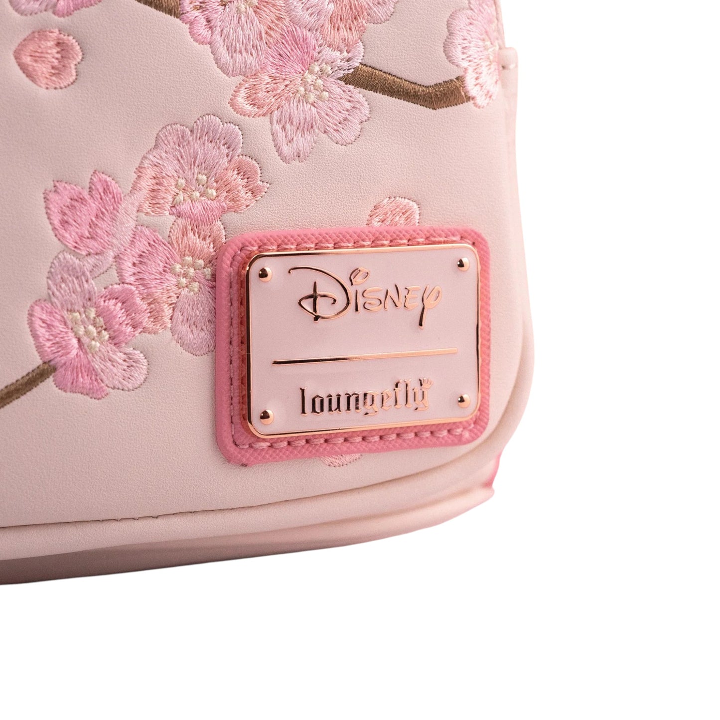Pink floral bag with Disney and Loungefly logos on a white background