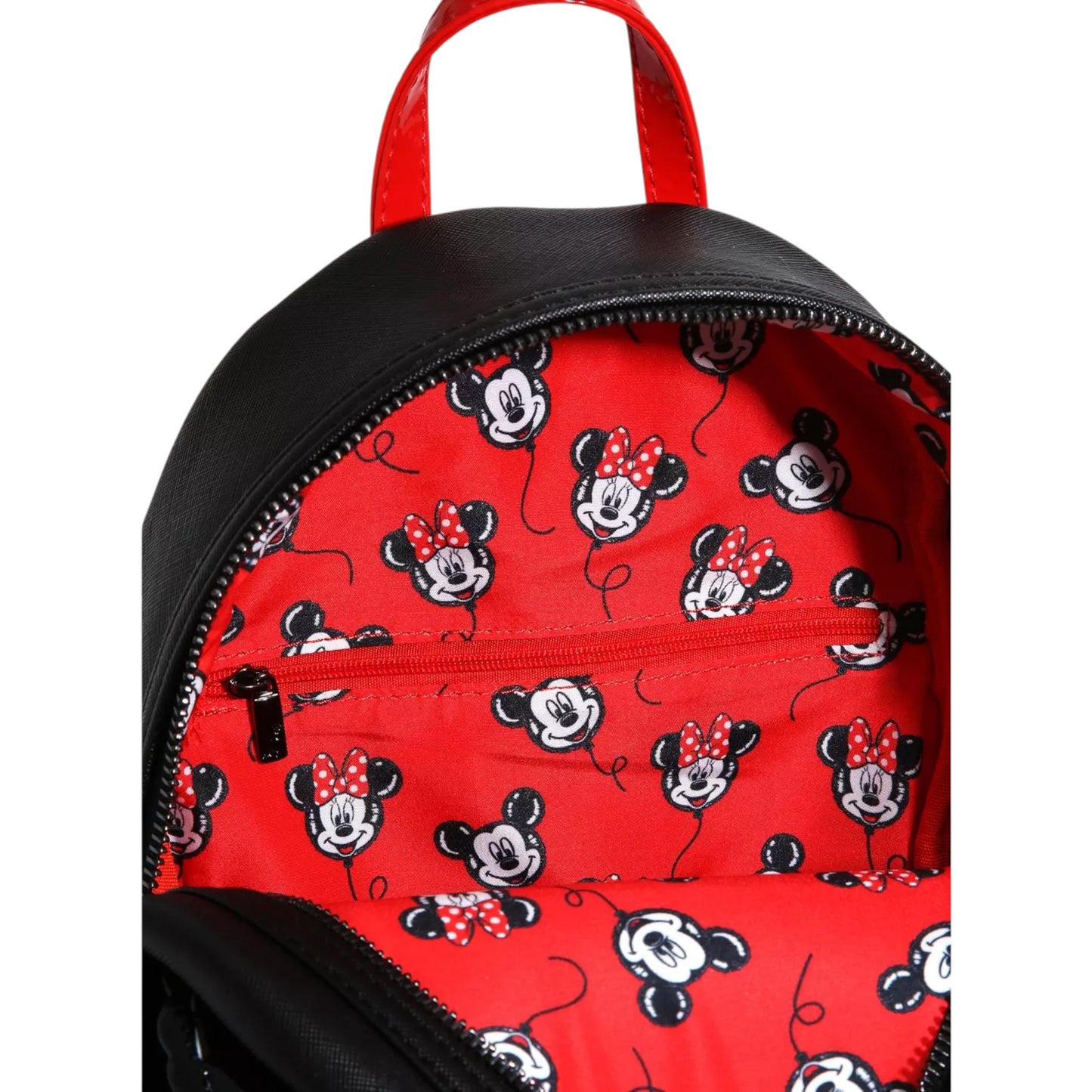Inside of Side Mickey Mouse Balloon Figural Mini Backpack with Minnie Mouse pattern on a white background