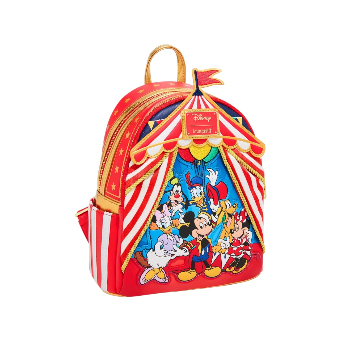 Backpack with mickey and friends characters in front of a circus tent design on a white background