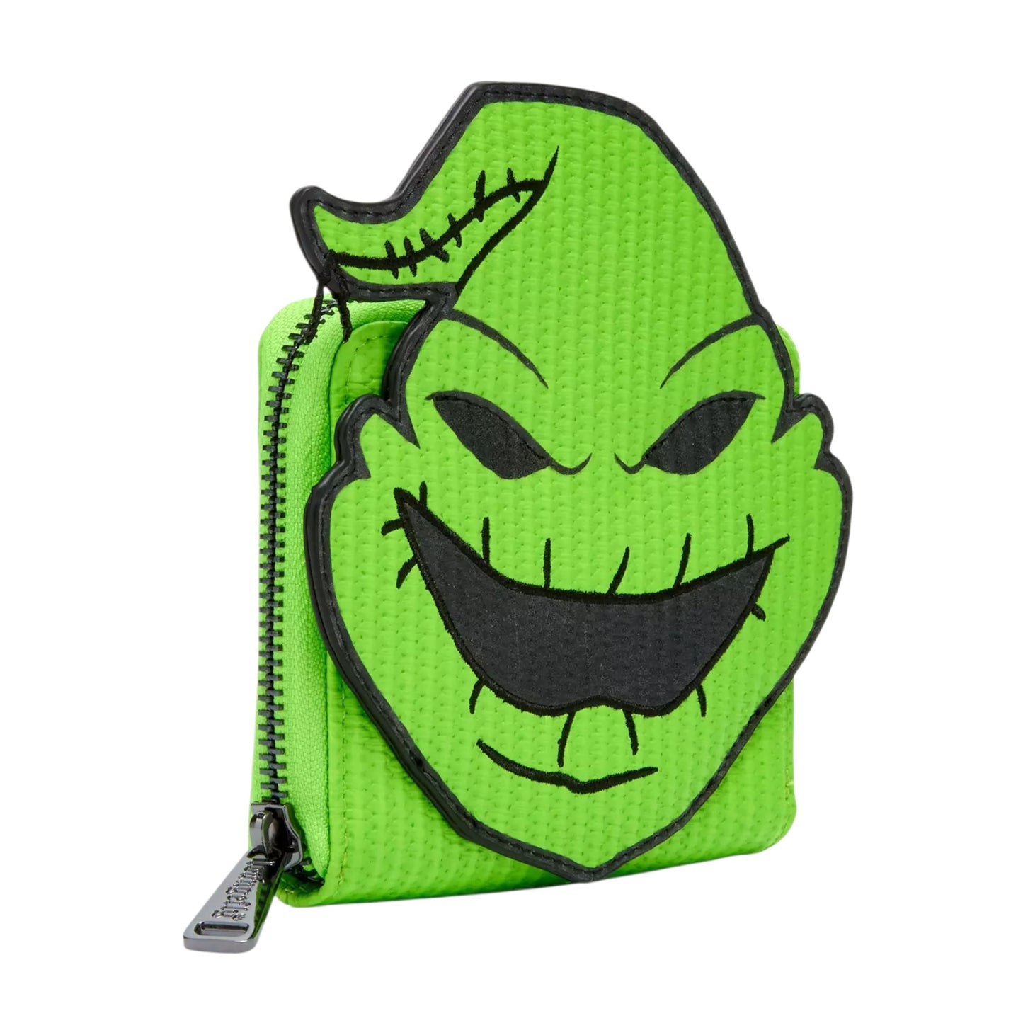 Oogie Boogie face on a green wallet on a white background