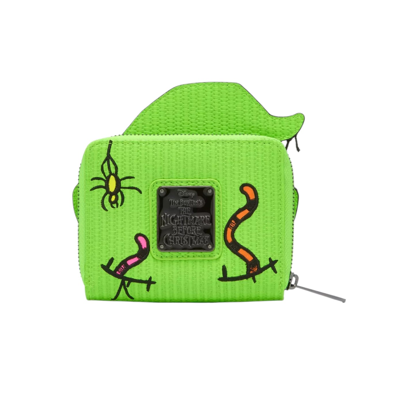 Back of a green wallet with a Loungefly logo and various bugs on a white background