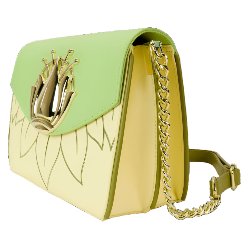 Side view of Princess and the Frog Crossbody bag with green top section and yellow body, featuring a gold chain strap on a white background.