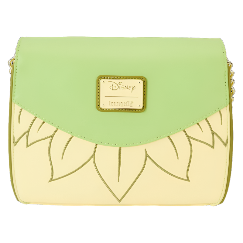 Green and yellow Princess and the Frog Crossbody bag with hard tag Loungefly and Disney logo on a white background