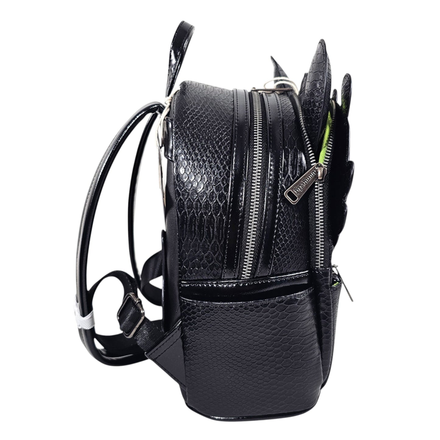 Black textured mini backpack with dragon skin-like pattern on a white background