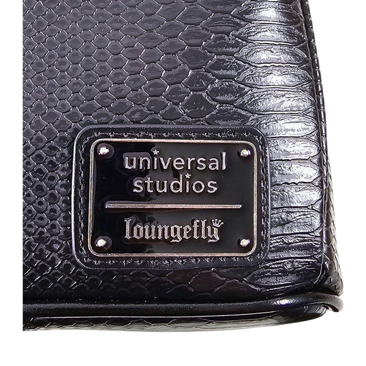 Black textured mini backpack with 'universal studios' and 'loungefly' branding.