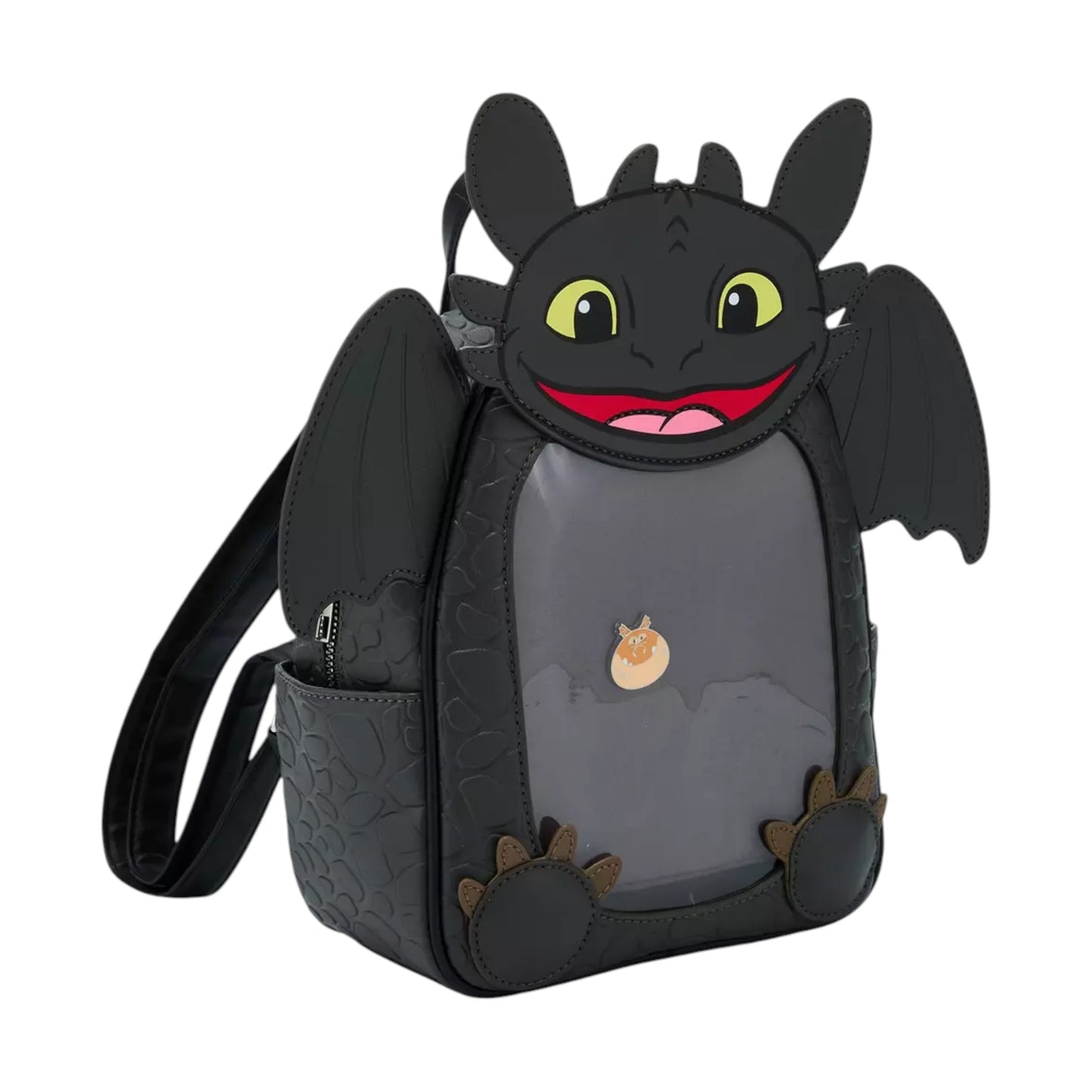 Backpack designed like Toothless dragon character with a face on the front, on a white background.