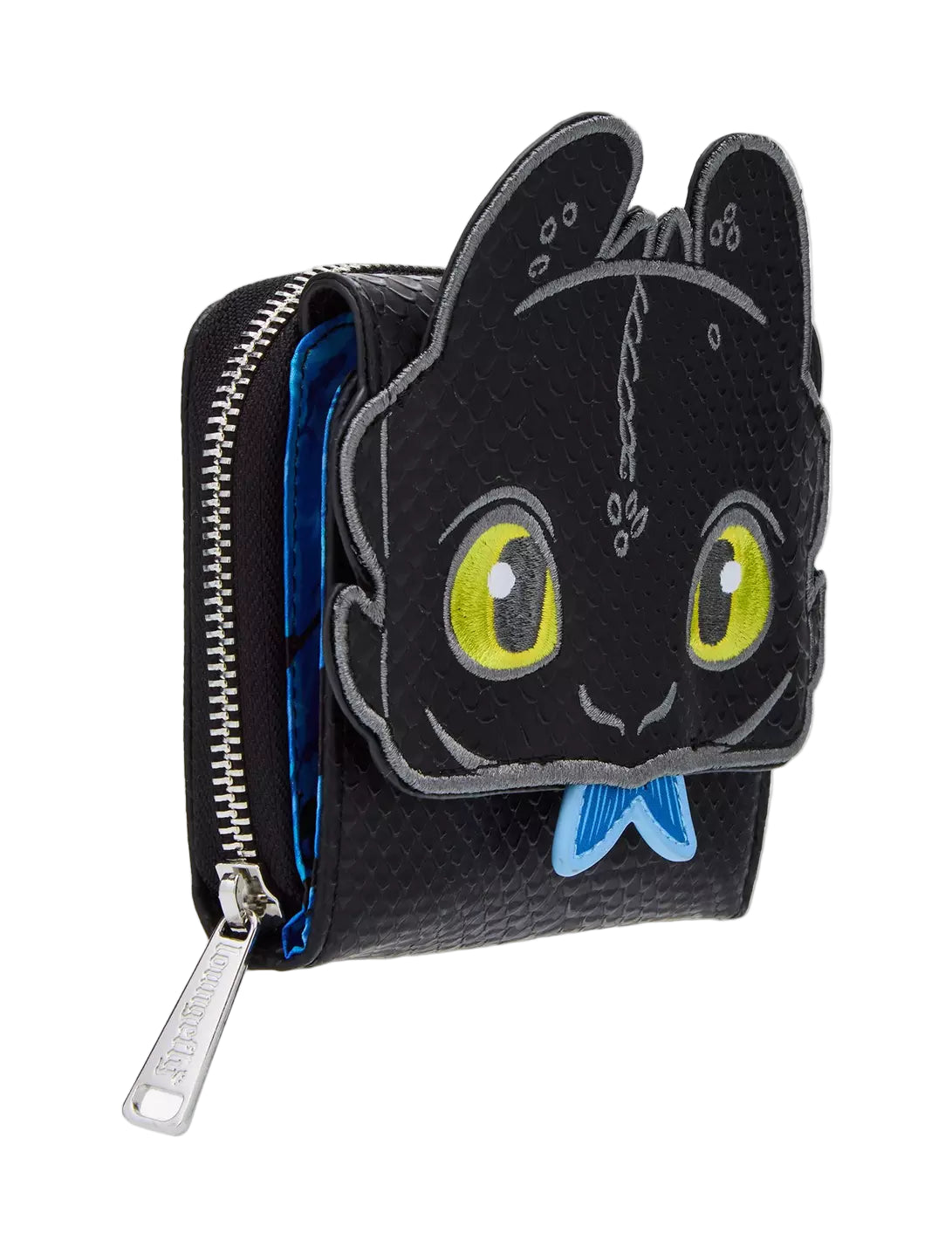 Front and side view Toothless Figural Wallet with yellow eyes holding a fish in his mouth on a white background