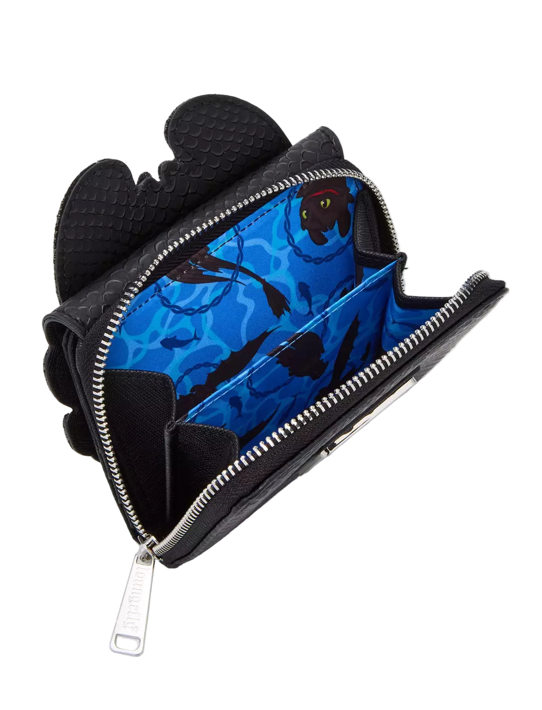Inside view Toothless Figural Wallet with yellow eyes holding a fish in his mouth with blue interior and dragons characters on a white background