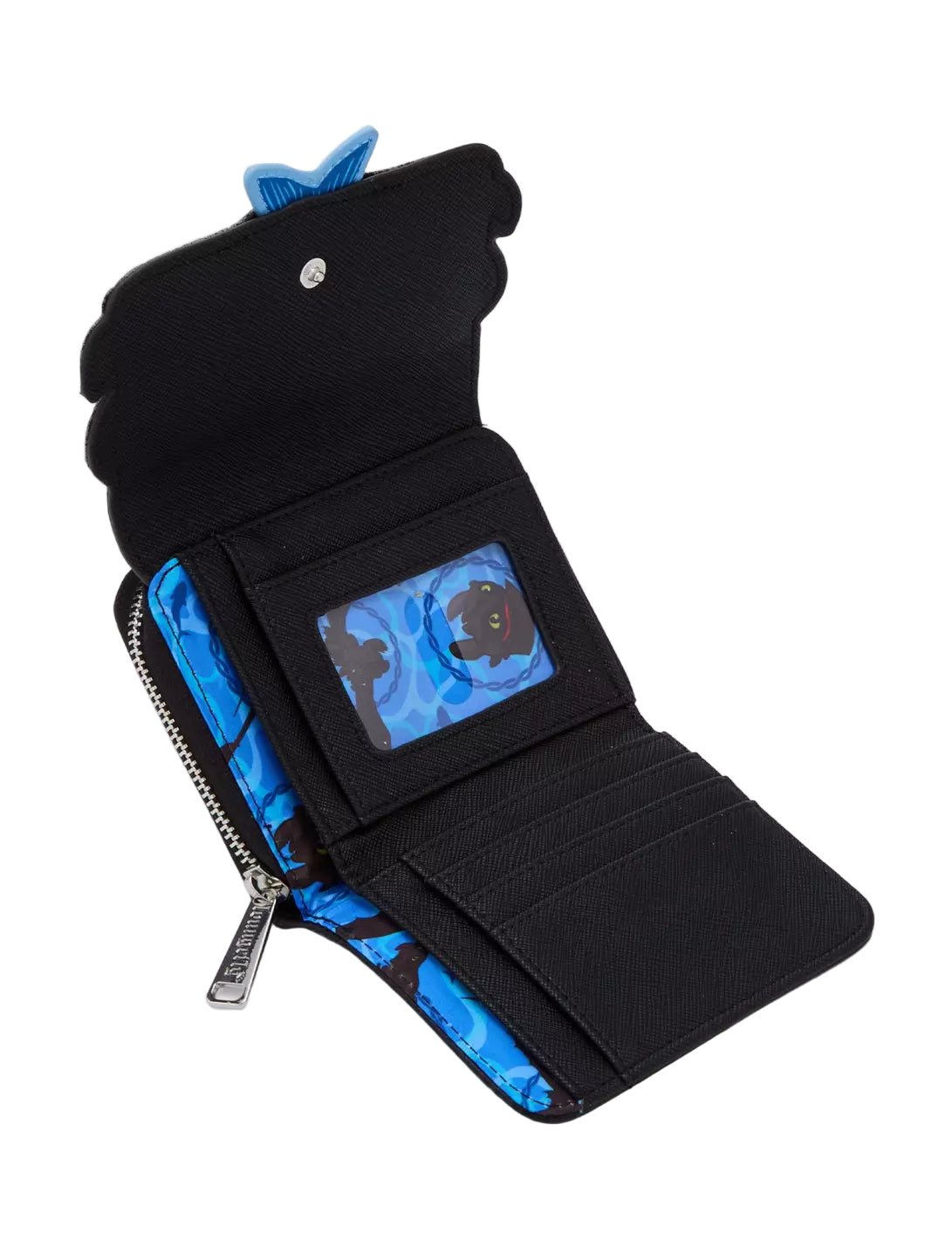 Inside view Toothless Figural Wallet with yellow eyes holding a fish in his mouth with blue interior and dragons characters on a white background